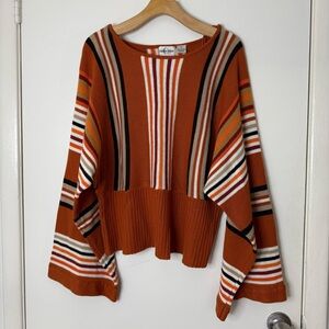 Caren Sport vintage burnt orange striped, wide sleeve, scoop neck sweater. 2X